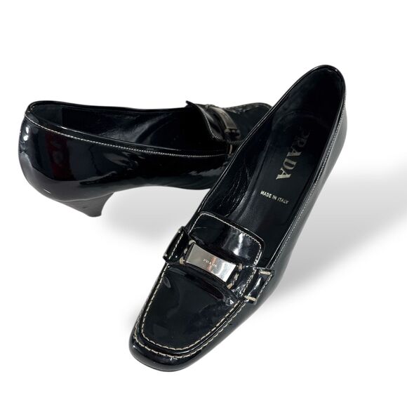 Authentic PRADA Vintage Classic Black Patent Loafer 2" Cone Heel EU 36.5‎ US 6.5 - Picture 1 of 9